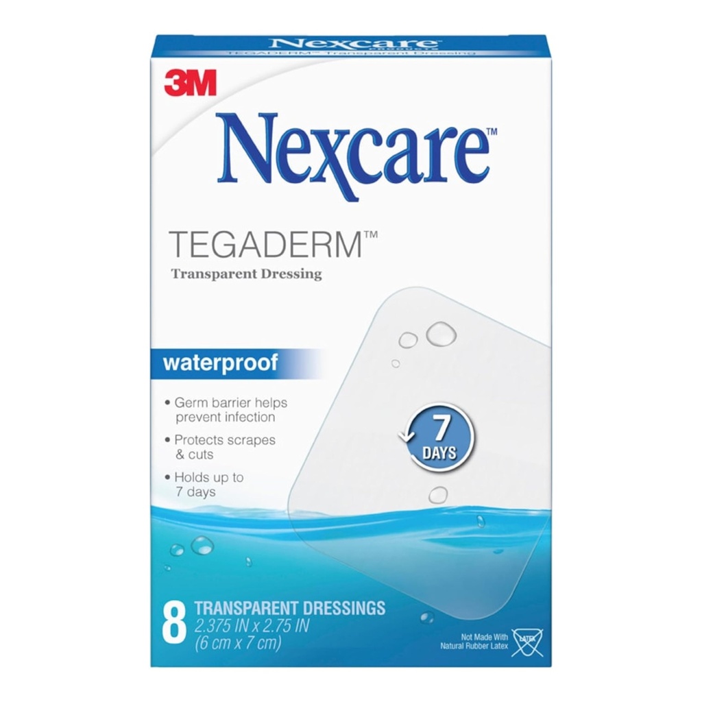 Nexcare Tegaderm Imperméable Dressing transparent, Dirtproof, Germproof, Fournit une protection aux brûlures mineures, éraflures, découpes, plaquettes et abrasions, 2.375 x 2.75 in, 8 Compte