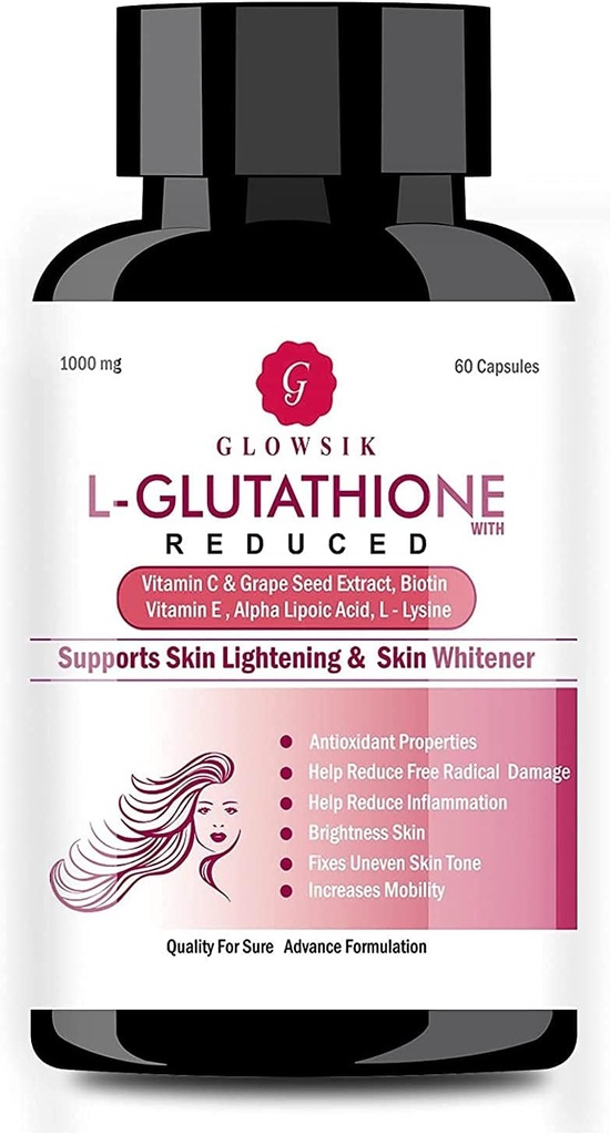 Astha L-Glutathion pour la peau avec vitamine C et graines de raisin, 1000 mg - 60 Capsules par GLOWSIK