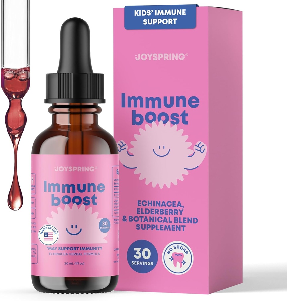 JoySpring Immune Drops - Kids.com Supplément de soutien à l'immunité (1 fl oz, 30 portions) avec liquide de Elderberry biologique, Echinacea, racine de raisin de l'Oregon et Peel orange pour les 2-16 ans et plus Années et adultes