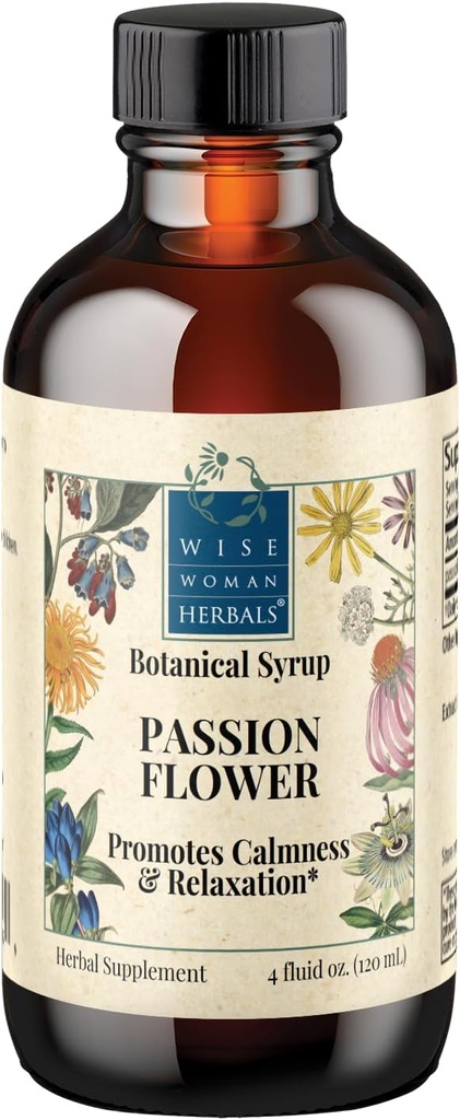 Wise Woman Herbals Passionflower Botanical Sirop (anciennement) Extrait solide 4:1, Sans alcool Force supplémentaire, Herbal Relaxation & Aide au sommeil, Essences Tension & Anxiété, Soutient l'équilibre d'humeur calme et le sommeil reposant, pure non-OGM, 4 Fl Oz