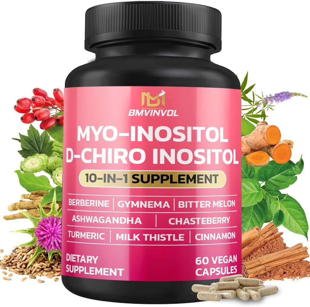 Supplément Inositol BMVINVOL - Myo-Inositol et D-Chiro Inositol Idéal rapport 40:1 - Plus Berberine, Cannelle, Ashwagandha + 5 Plus - 60 Capsules