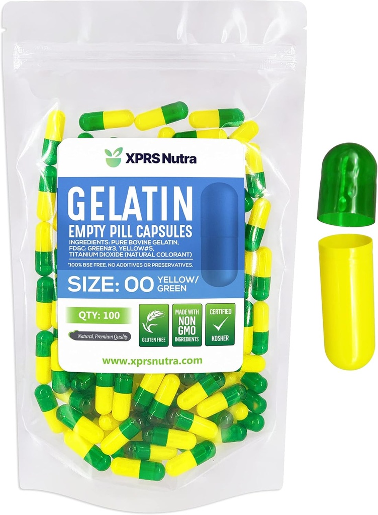 XPRS Nutra Size 00 Capsules vides - 100 Capsules de gélatine vides - Pills Bricolage Capsule Remplissage - Capsules de gel de pilules rechargeables pour les suppléments Do-It-Youlf (vert/jaune)