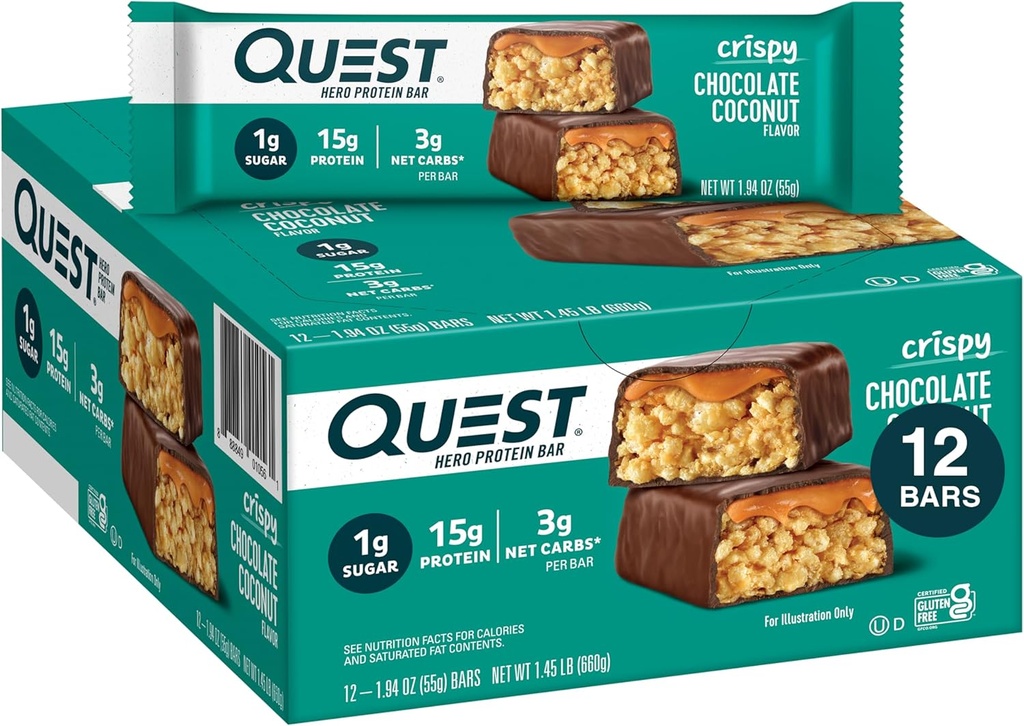 Quest Nutrition Chocolat croustillant Coconut Hero Protein Bar, 15g de protéines, 1g de sucre, 3g de glucides nets, Gluten sans protéines Snack, Keto Friendly, 12 Compte