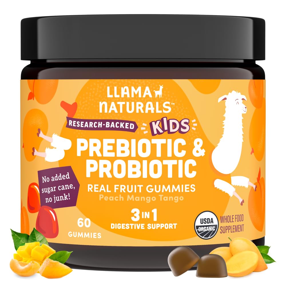 Lama Naturals enfants probiotique avec fibre prébiotique, végétalien, bio prébiotiques et probiotiques Gommies pour Gut soutien de la santé, Vitamines Gommy de fruits réels de Toddler, Pas d'ajout de canne à sucre, Peach Mango, 60 Ct