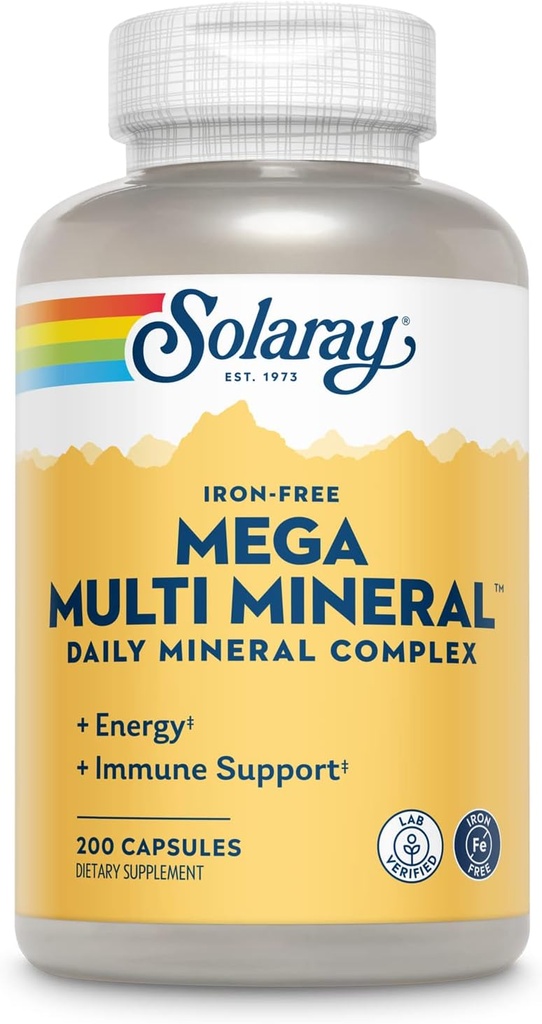 SOLARAY Mega Multi Mineral, sans fer - Supplément minéral quotidien avec/Trace Minerals, Electrolytes, Calcium, Magnésium, Zinc, Sélénium, Boron -Energie Cellulaire, Soutien Immune, Garantie de 60 jours, 50 Serv