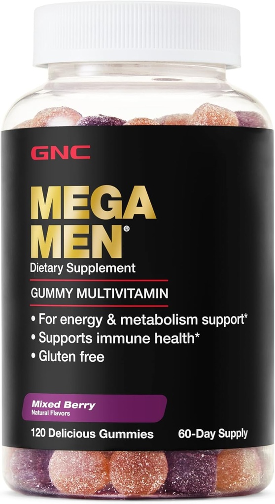 GNC Mega Hommes Multivitamine Gummy, Énergie, Métabolisme, & Immune Support, Mixte Berry, 120 Compte