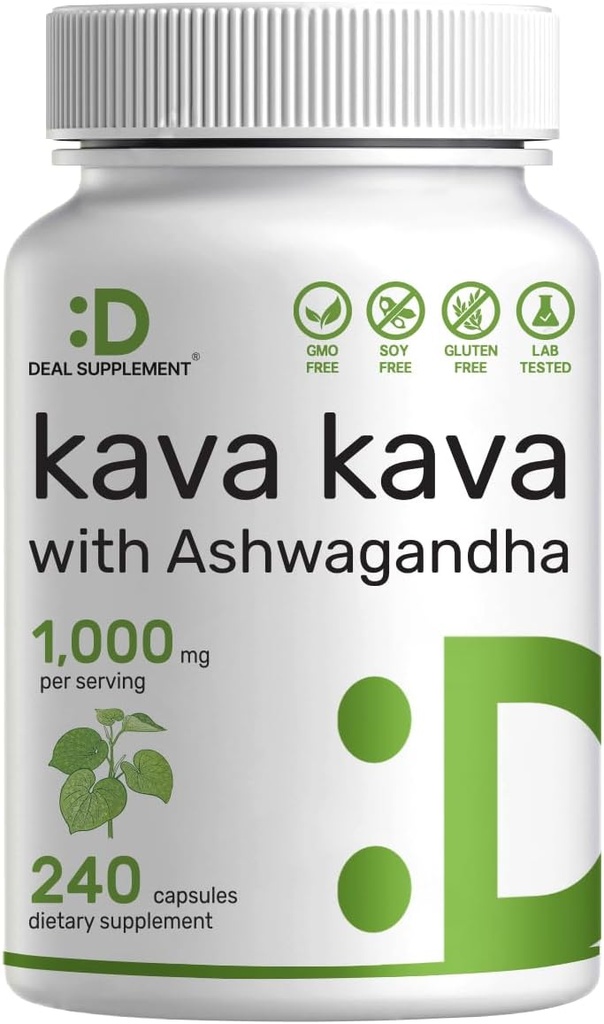 Offre Supplément Kava Kava Supplément 750mg par portion, 240 Capsules, 4 mois d'approvisionnement – Extrait de racine Kava Kava avec poudre de racine Ashwagandha – Non-OGM