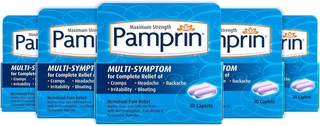 Formule multisymptômes Pamprin, avec acétaminophène, soulagement des symptômes de la période menstruelle, y compris les crampes, la douleur, l'irritabilité et le gonflement, 40 Caplets (paquet de 5)