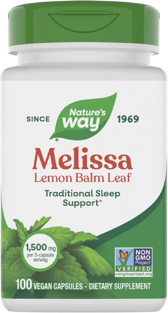 Nature's Way Melissa Lemon Baume Leaf, Sleep Support traditionnel*, Melatonine Free, 1500 mg par portion de 3 capsules, Projet non-OGM vérifié, 100 capsules végétaliennes (paquetage May Vary)