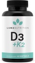 Luma Nutrition D3 + K2 Vitamine 10000 UI - Supplément santé des os et du coeur - Max Strength Immune Support et absorption de calcium - 60 Softgels