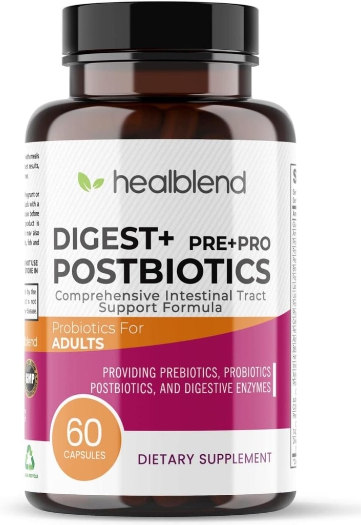 Digest + Supplément postbiotique pour les femmes et les hommes, Multi enzymes, Prébiotique biologique et probiotique pour la santé digestive avec Bromeline, Papine et Lipase, Non-OGM, Sans gluten, 60 capsules végétariennes
