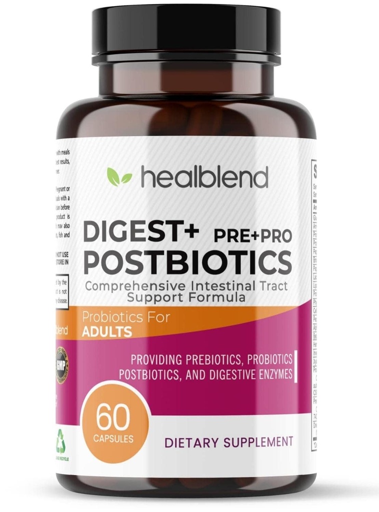 Digest + Supplément postbiotique pour les femmes et les hommes, Multi enzymes, Prébiotique biologique et probiotique pour la santé digestive avec Bromeline, Papine et Lipase, Non-OGM, Sans gluten, 60 capsules végétariennes