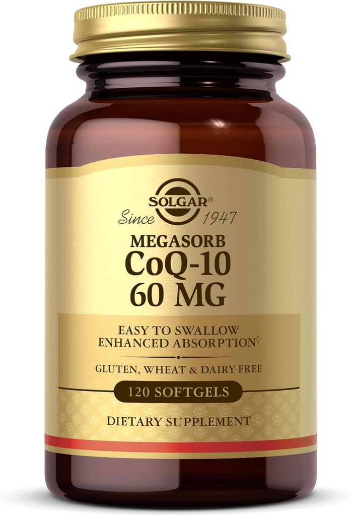 Solgar Megasorb CoQ-10 60 mg, 120 Softgels - Soutient la santé du coeur et du cerveau - Supplément Coenzyme Q10 - Absorption améliorée, facile à avaler - Sans gluten, sans lait - 120 portions