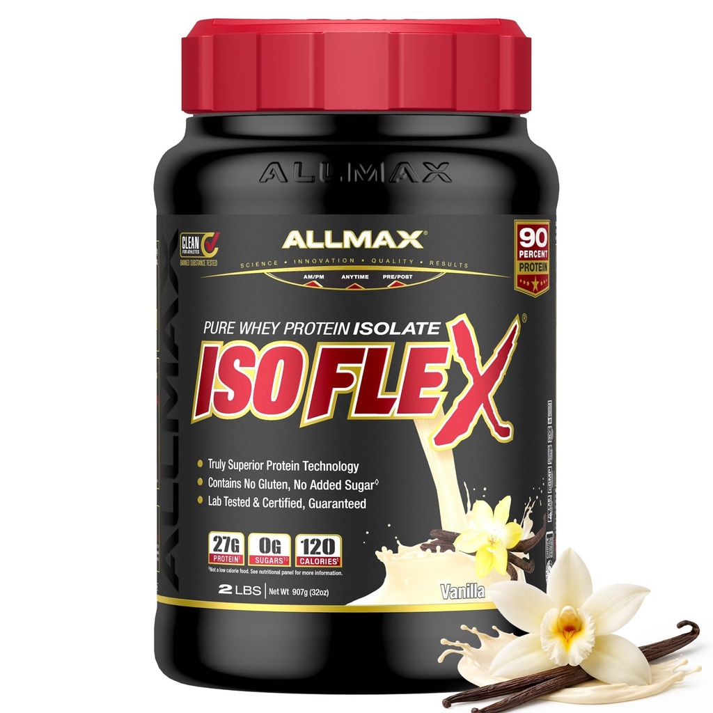 AllMAX Nutrition - ISOFLEX Poudre de protéines de lactosérum, isolat de protéines de lactosérum, 27g de protéines, vanille, 2 livres