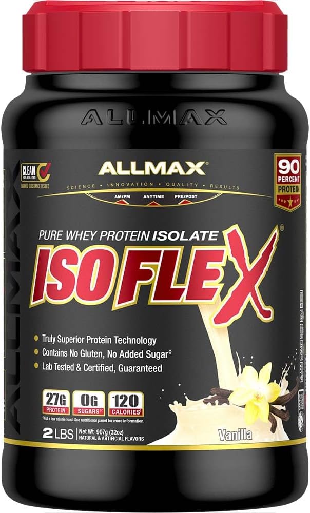 AllMAX Nutrition - ISOFLEX Poudre de protéines de lactosérum, isolat de protéines de lactosérum, 27g de protéines, vanille, 2 livres