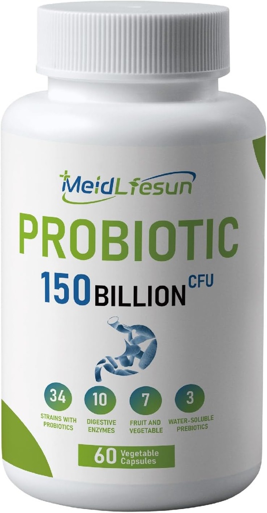 Probiotiques biologiques et prébiotiques, 150 milliards CFU 34 souches, enzymes digestives, pour les hommes et les femmes, 60 capsules véganes pour Gut Health & Digestive Support, non OGM, sans gluten