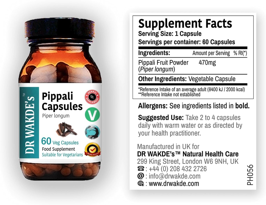 DR WAKDE'S Pippali Capsules (Pepper long, 60 capsules de légumes, supplément à base de plantes, herbes ayurvédiques, tous naturels, végétaliens)
