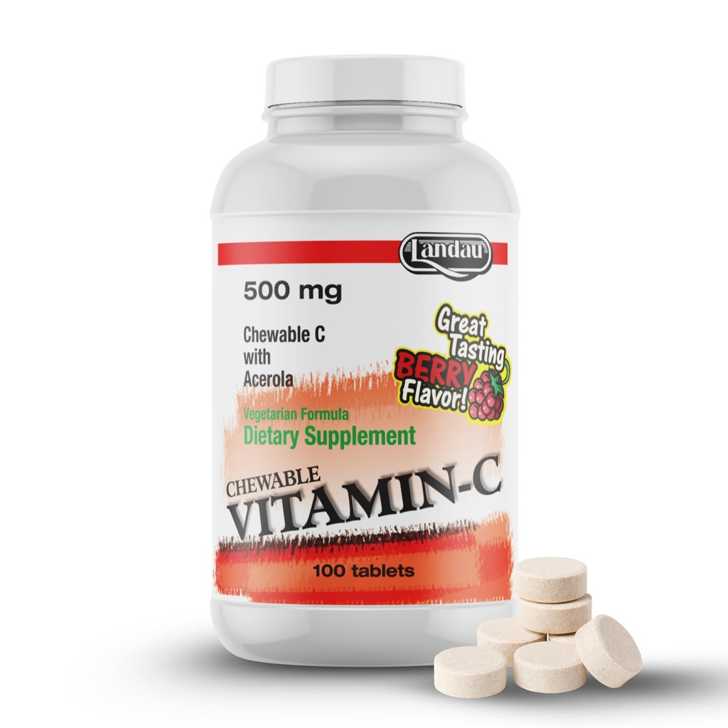 Landau 500mg Vitamine C à croquer pour les enfants et les adultes – Supplément de vitamine C facile à prendre avec de l'acérola – Casher & Fabriqué aux États-Unis – Grande saveur de baies, 100 comprimés