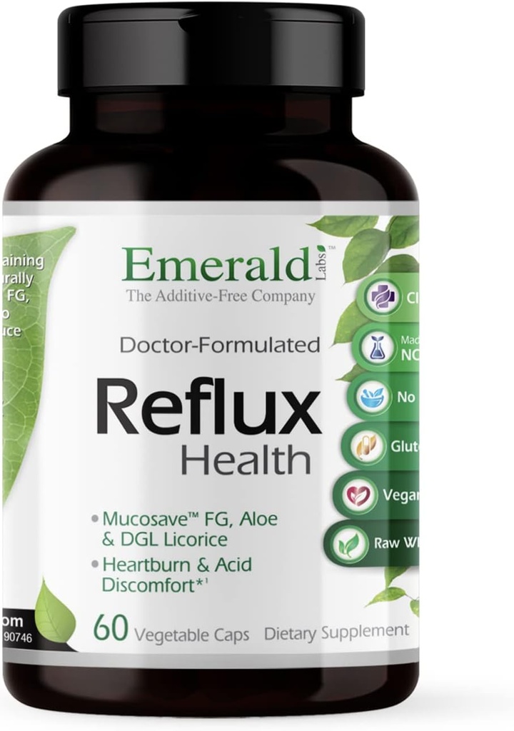 EMERALD LABS Reflux Health - Indigestion et soulagement des brûlures d'estomac avec Mucosave FG, DGL, Aloe Vera, Probiotiques, Enzymes digestifs et plus* - 60 capsules végétales (30 jours d'approvisionnement)