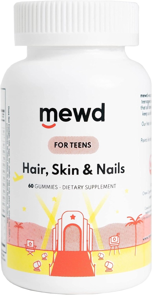 MEWD Teen and Kids Hair, Skin+Nails Daily Multivitamine Gummy Renforcer Formula - Suppléments de vitamine à croquer avec Biotin, Zinc,Vitamines A, B, & D3 pour les filles et les garçons, 60, Fabriqué aux États-Unis