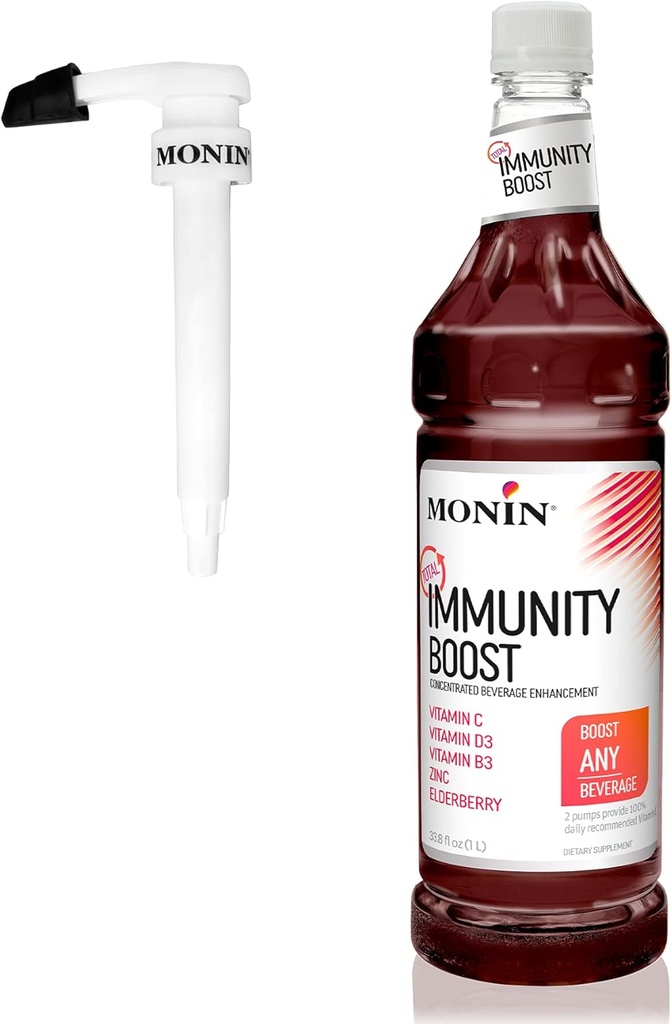 Monin - Total Immunity Boost, Supplément de soutien immunitaire, Mélange liquide de vitamines, minéraux et antioxydants, Immune Boosting Vitamine C & D + Elderberry, Pour toutes les boissons, faible teneur en calories (1 litre + pompe)