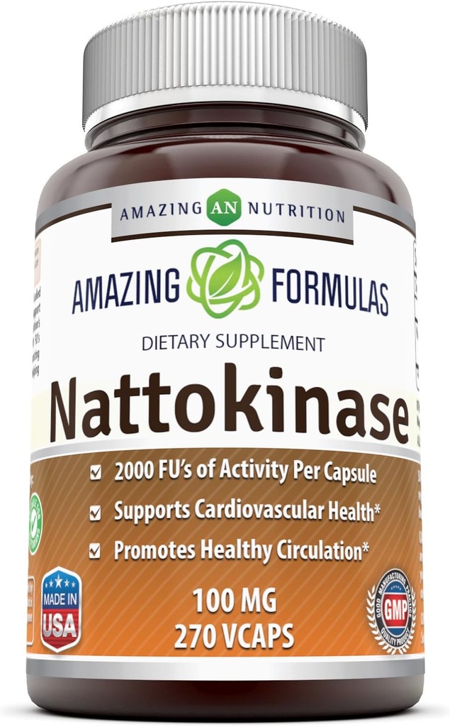 Formules étonnantes Nattokinase Dietary Supplement 100 mg Veggie Capsules Supplement $ 2000 FU Enzyme Activité $ Non-GMO $ Sans gluten $ Fabriqué aux États-Unis (270 Nombre)