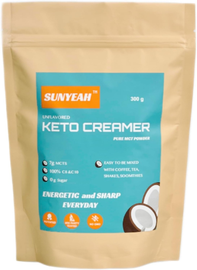 SUNYEAH MCT Poudre- MCT Poudre d'huile, KETO Cafe Creamer, pur C8 C10, No-Sugar, De la noix de coco, 300 g, Excellent dans le café, Thé, Eau, Shakes, Smoothies, Sans saveur, No-OGM