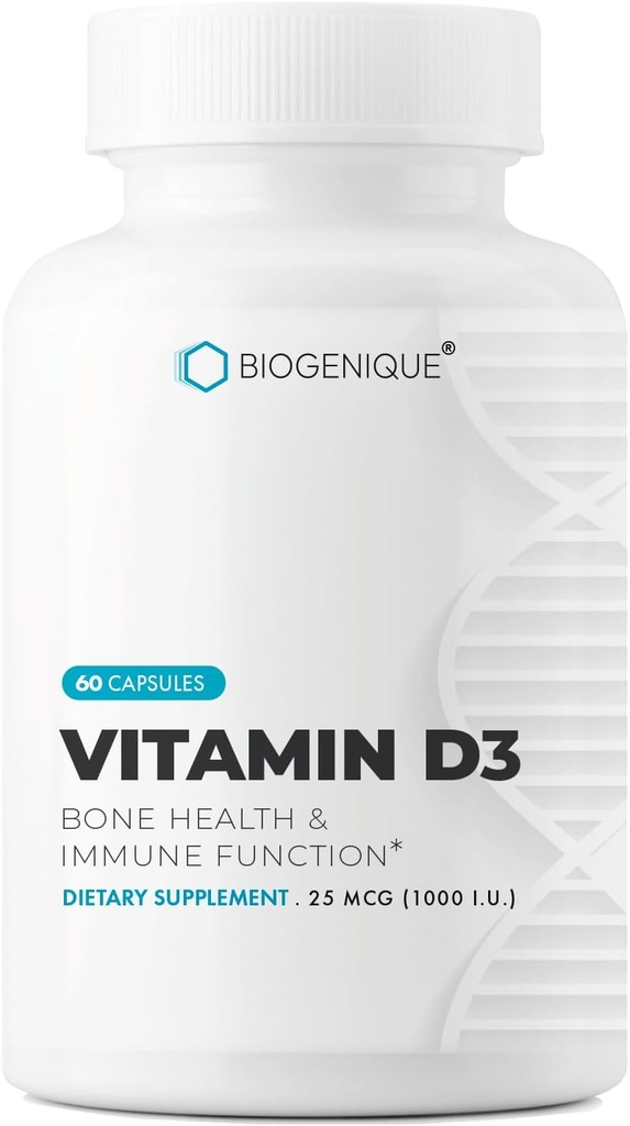 Naturals Vitamine D3 1000 UI, pour des os et des dents sains, maintien d'une bonne santé, 60 capsules de vitamine D3 aident à prévenir le déficit en vitamine D - Classe pharmaceutique, non-OGM