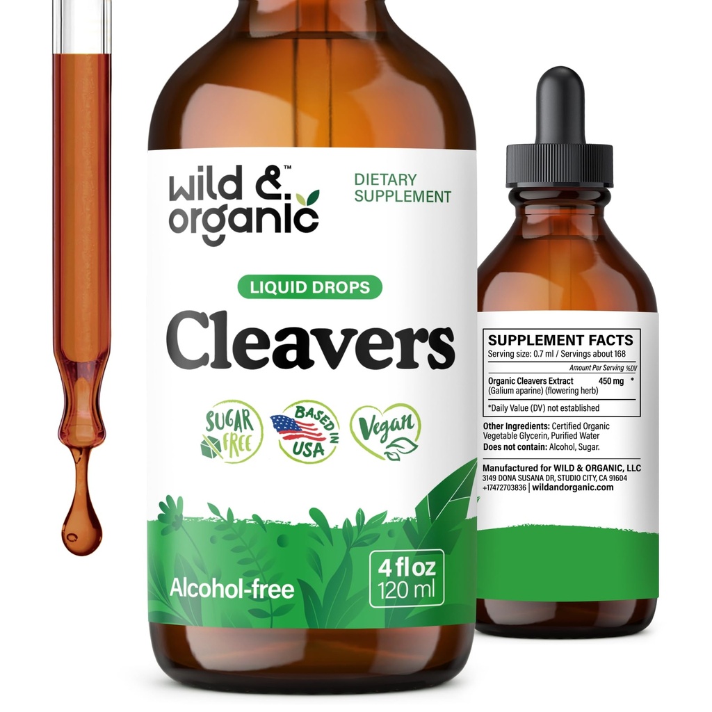 Teinture de cleavers sauvages et biologiques - Détox à base de plantes gouttes avec des cleavers Herb - Supplément d'extrait de feuille d'aparine de galium - végétalien, sans sucre et sans alcool - 4 fl oz
