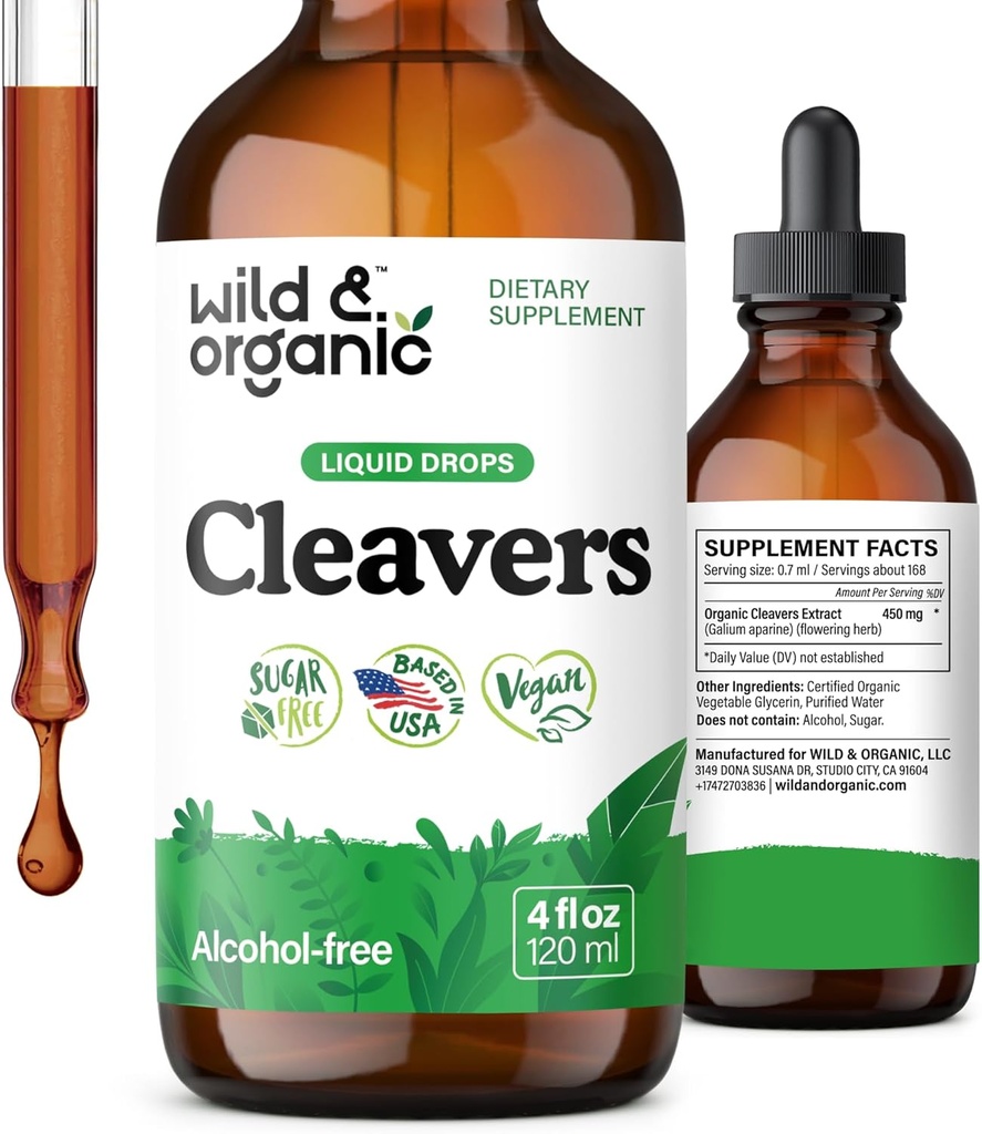 Teinture de cleavers sauvages et biologiques - Détox à base de plantes gouttes avec des cleavers Herb - Supplément d'extrait de feuille d'aparine de galium - végétalien, sans sucre et sans alcool - 4 fl oz