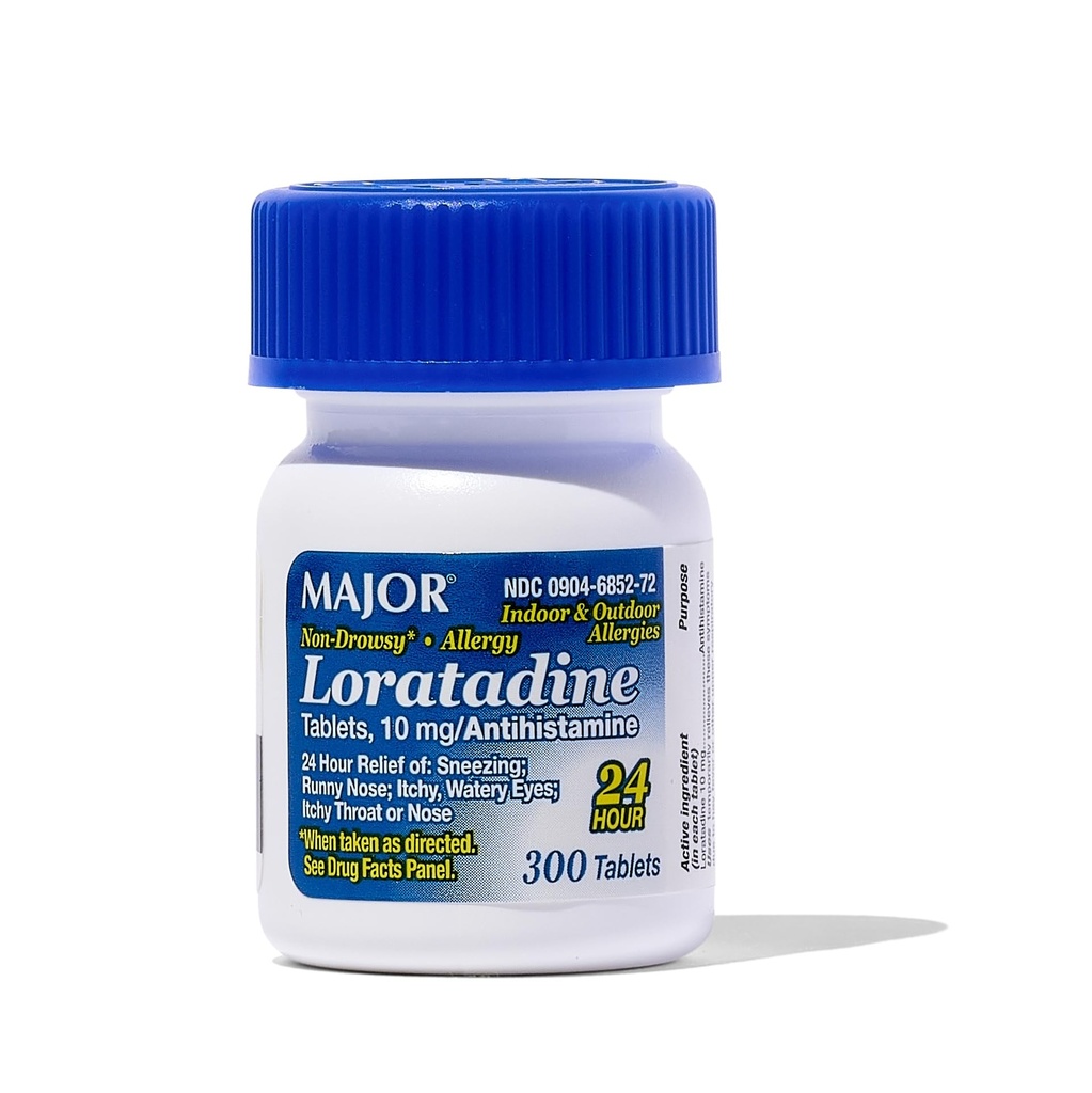 Major Allergie Loratadine 10 mg Comprimés - Médicaments antiallergiques non somnolents pour adultes et enfants de 6 ans et plus - Promotion du soulagement de l'allergie 24 heures sur 24 - Comprimés allergiques quotidiens - Antihistamine - 300 Comprimés