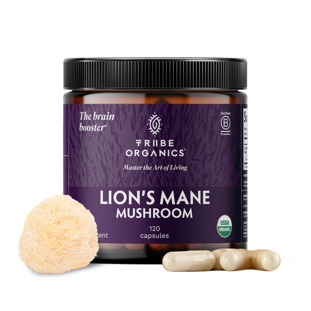 TRIBE ORGANICS Lion’s Mane Supplement 1000mg Mushroom Extract Powder - Immune System Booster & Brain Nootropic for Focus and Memory | Mental Clarity | Natural Energy and Immunity - 120 Vegan Capsules