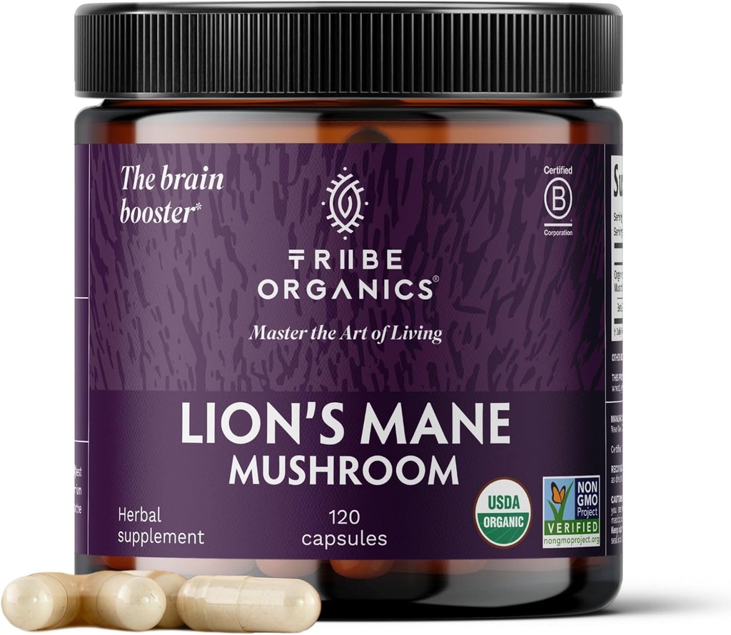 TRIBE ORGANICS Lion.com 1000mg Poudre d'extrait de champignons - Immune System Booster & Cerveau Nootropic pour Focus et Mémoire.