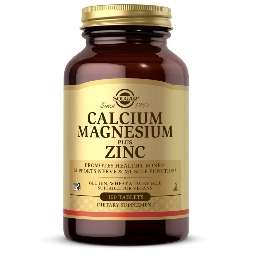 Solgar Calcium Magnésium Plus Zinc, 100 comprimés - Promotion des os et des dents sains - Soutient la fonction nerveuse et musculaire - Non-OGM, végétalien, sans gluten, sans produits laitiers, sans casher - 33 portions