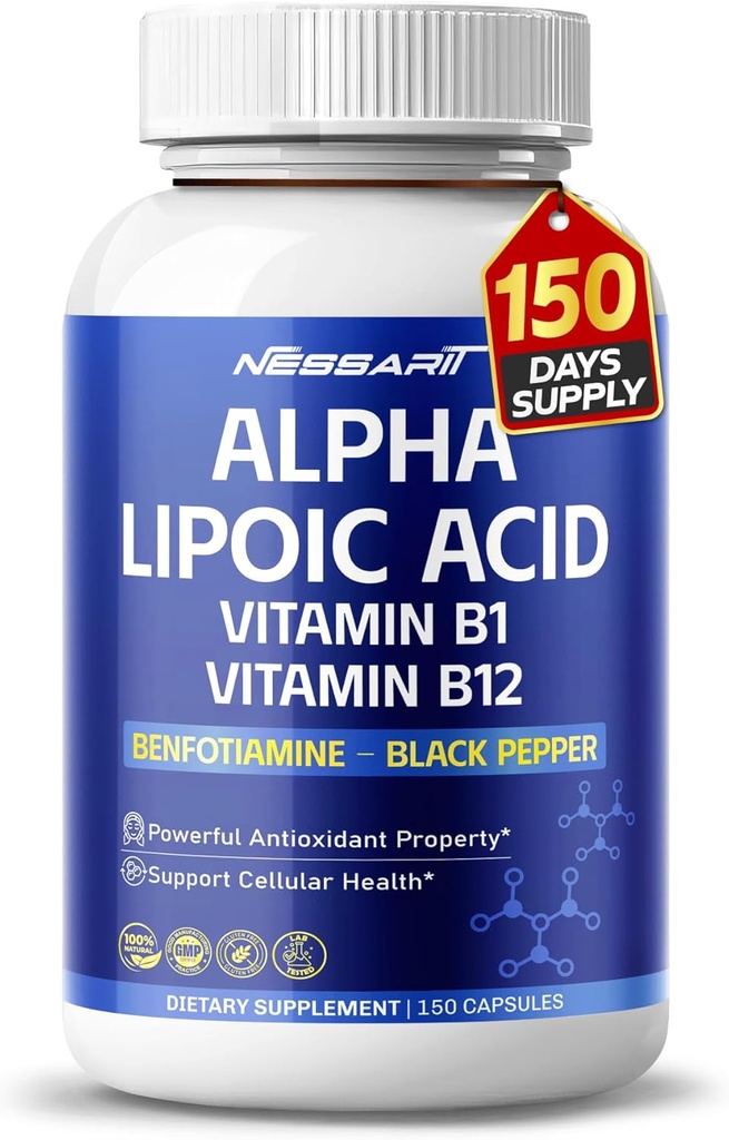 Alpha Acide lipoïque haute puissance avec vitamine B1, vitamine B12, Benfotiamine, Ubiquinol, poivre noir - Soutien santé cellulaire - 150 Compte - Fabriqué et testé aux États-Unis