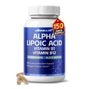 Alpha Acide lipoïque haute puissance avec vitamine B1, vitamine B12, Benfotiamine, Ubiquinol, poivre noir - Soutien santé cellulaire - 150 Compte - Fabriqué et testé aux États-Unis