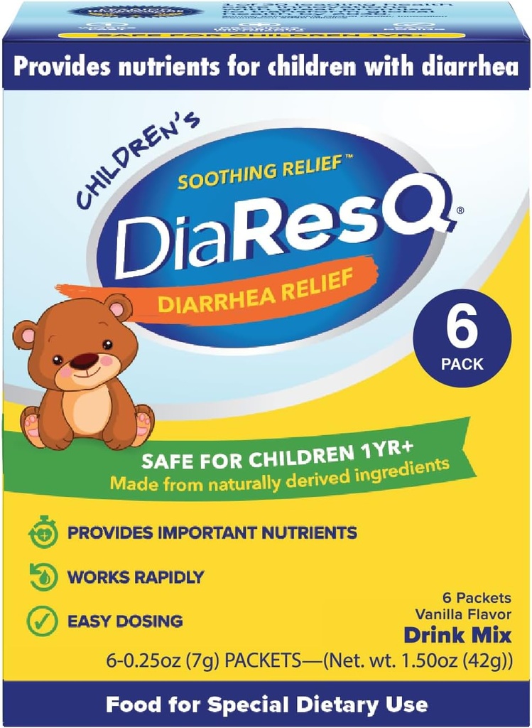 DiaResQ Diarrhée et immunosoutien Mélange de boisson de colostrum pour enfants (1+ ans) Paquet de 6, soulagement apaisant, aide à rétablir la fonction normale intestinale, antibiotique et sans médicament, sans gluten, vanille parfumée