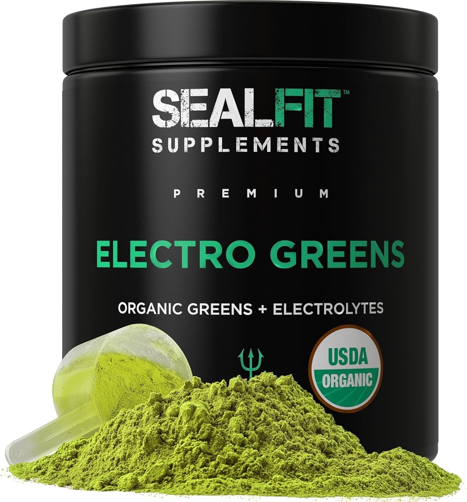 SEALFIT ElectroGreens - USDA Bio Greens Superfood + Poudre d'électrolytes. 25+ Superfoods pour l'énergie et l'hydratation. Jus vert super et poudre d'électrolyte inspiré par l'ancien sceau de la marine Mark Divine