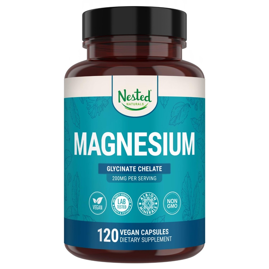 Nested Naturals Magnésium Glycinate Chélalate - 200 mg Supplément de magnésium chélaté pour les crampes musculaires, la relaxation et le soutien du sommeil - 100% Albion TRACCS Glycinate de magnésium tamponné - 120 Capsules Vegan