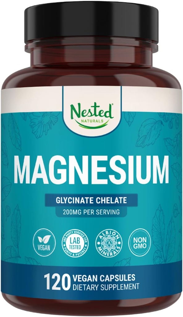 Nested Naturals Magnesium Glycinate Chelate - 200mg Chelated Magnesium Supplement for Muscle Cramps, Relaxation, & Sleep Support - 100% Albion TRACCS Buffered Magnesium Glycinate - 120 Vegan Capsules