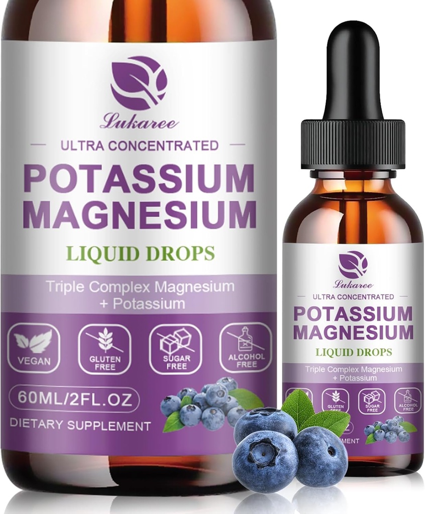 Potassium supplément de magnésium liquide avec/Triple complexe Magnésium Glycinate et Potassium Plus Omega 3, Moss de mer, Graines noires, D3K2 et calcium pour Zzz, Crampes de jambes et Muscle-2 FL OZ goutte
