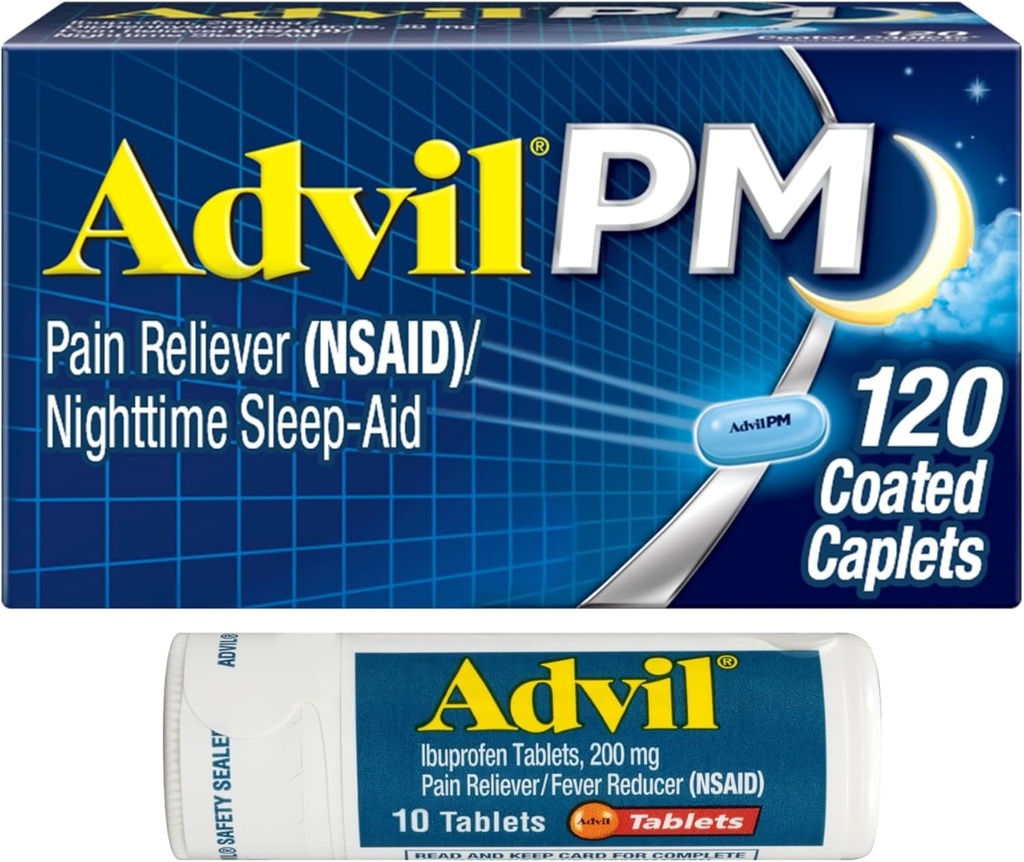 Advil PM analgésique et aide au sommeil de nuit, Ibuprofène pour soulagement de la douleur et diphénhydramine Citrate pour aide au sommeil - 120 Caplets enduits et analgésique et réducteur de fièvre, 10 Comprimés de comptage