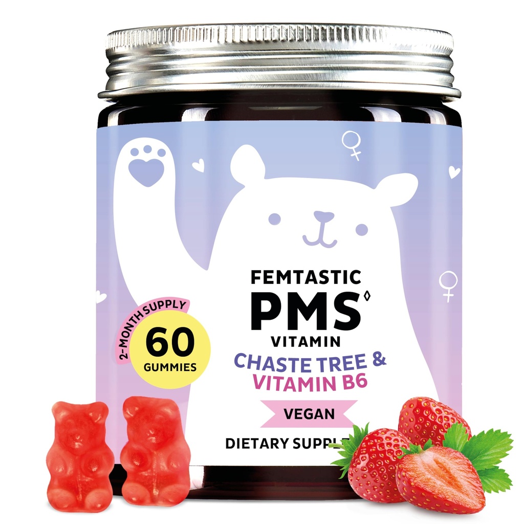 Supplément de soutien du SPM pour les femmes. Gummies de secours menstruelles pour cibler les ruptures hormonales, les ballonnements, les crampes d'époque, et les ailes d'humeur. Vegan, avec vitamine B6 et baume de citron, 60 Gommies