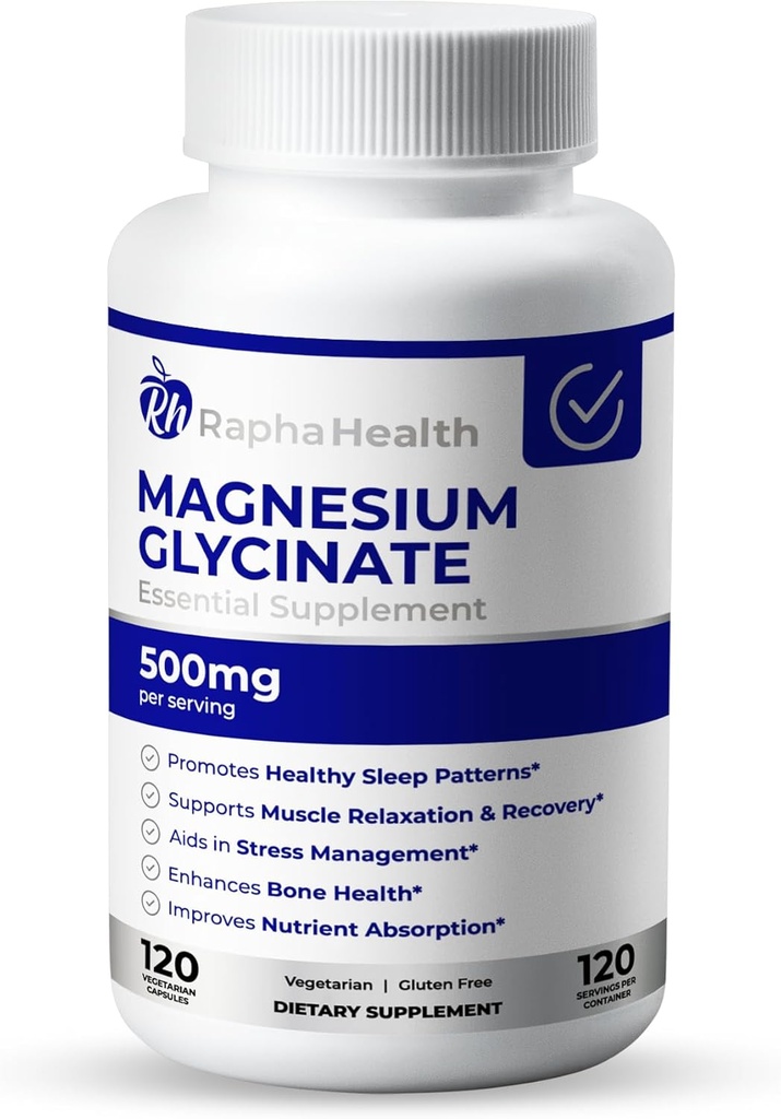 Magnésium GLYCINATE 500mg=100% d'absorption Chélaté=100% soutient la santé osseuse et la récupération musculaire=120 capsules - 4 mois d'approvisionnement