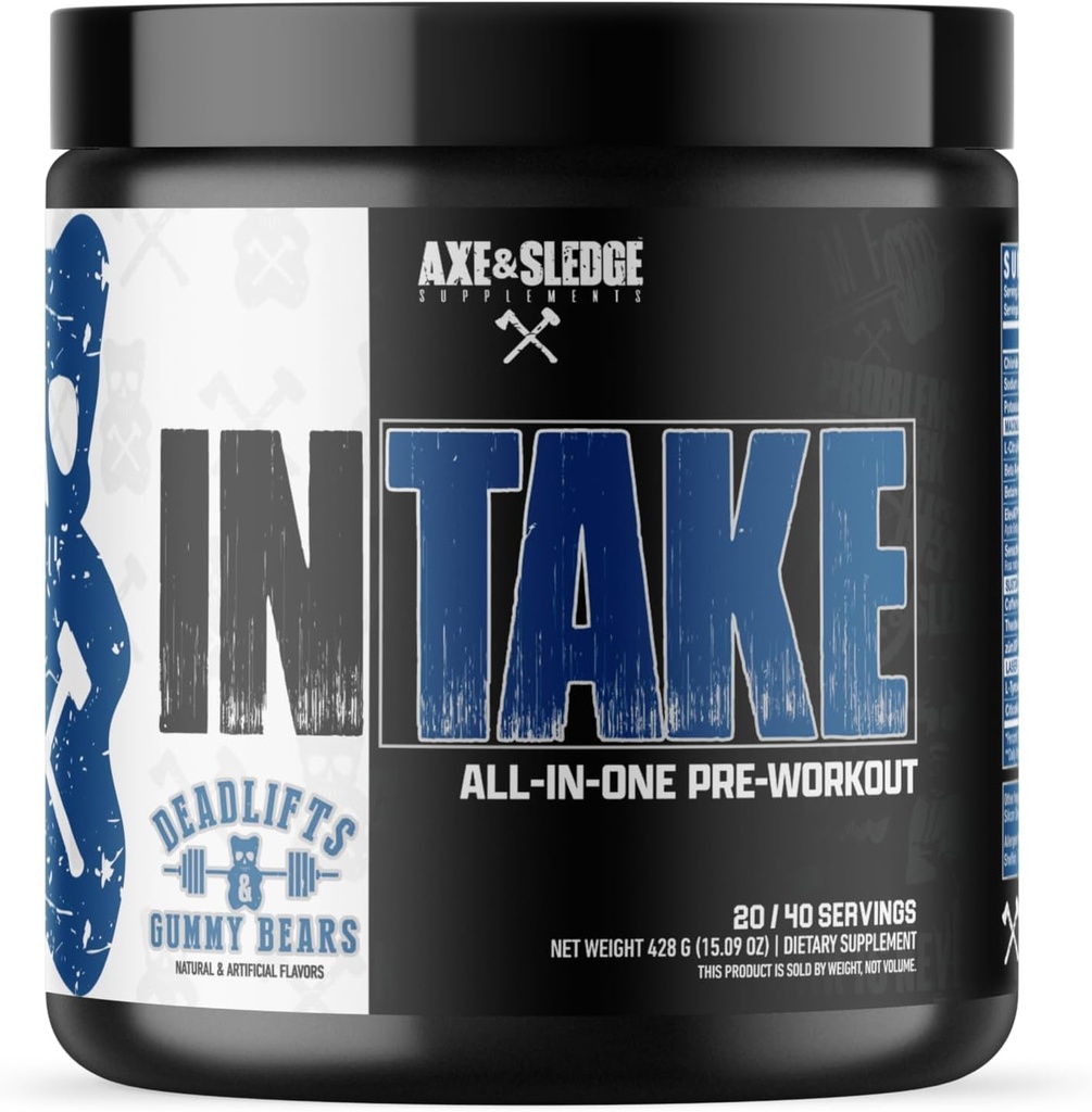 Axe & Luge Intake All-in-One Pre-Workout (pré-entraînement) : 300mg Caféine (pré-entraînement) : 300mg L-Citrulline, Beta Alanine, Betaine pour la performance & Focus (pré-entraînement pour les hommes et les femmes) : 20/40 Servitures, Deadlifts & Gummy Bears