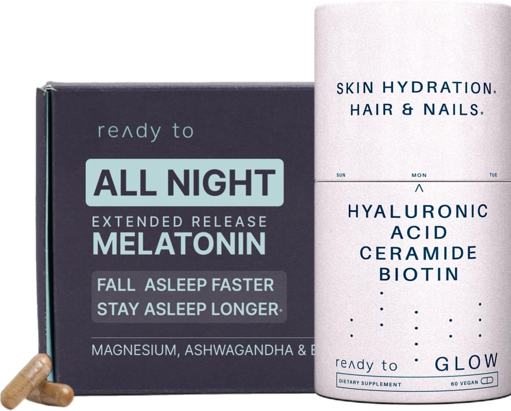 Hydratation de la peau et aide au sommeil Ensemble d'anti-âge et de soutien du sommeil avec acide hyaluronique, céramides, antioxydants, mélatonine et ashwagandha