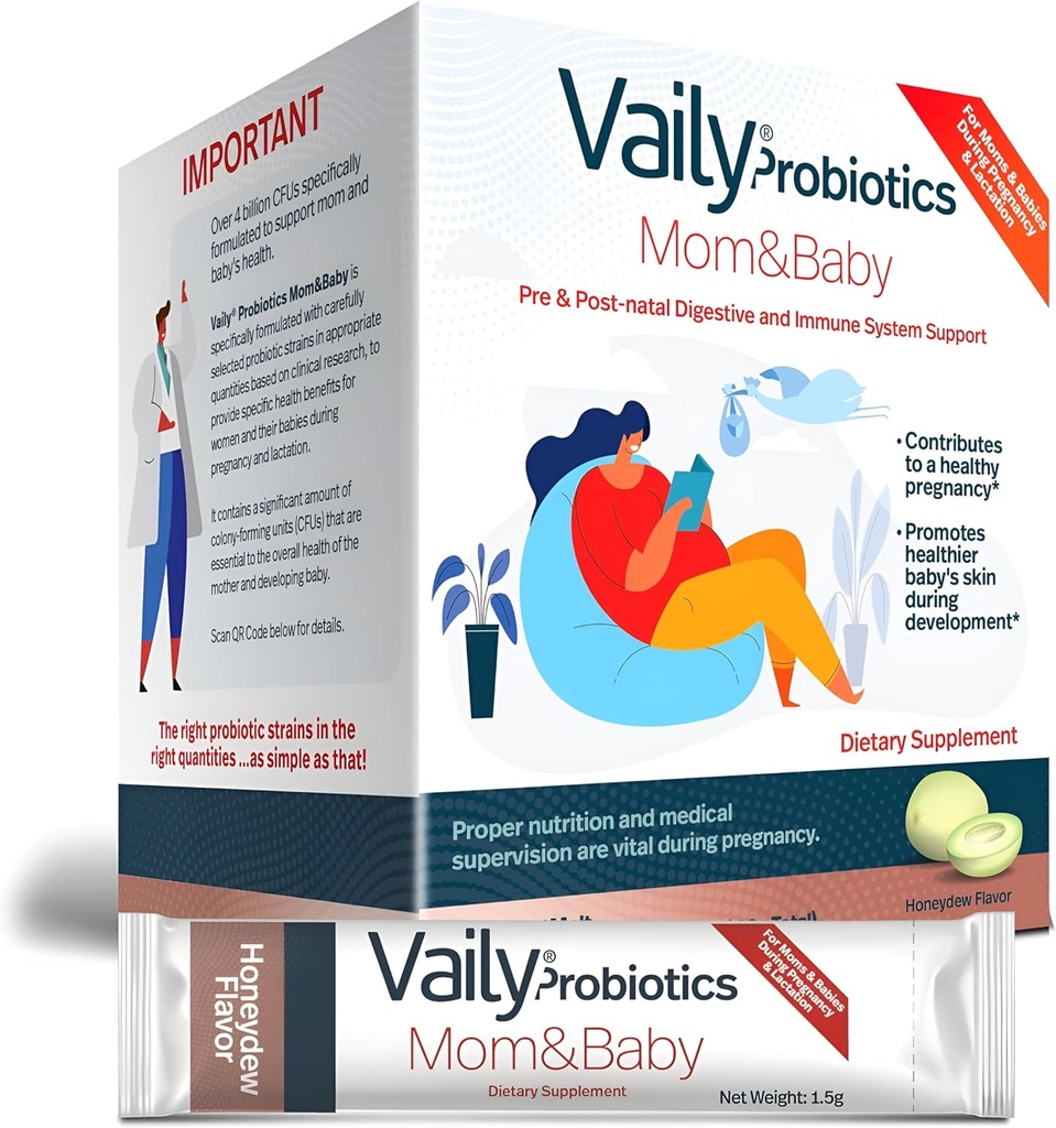 Vaily maman et bébé probiotique - Vitamines post-natales Probiotiques Poudre pour les femmes - Renforce le système immunitaire et la santé digestive, peau de bébé saine - Essentiels prénatals, digestion facile - 30 bâtons