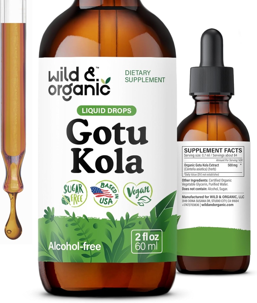 Teinture d'herbe Gotu Kola sauvage et biologique - Soutien du cerveau - Gotu Kola gouttes d'extrait liquide - Vegan, sucre et sans alcool Centella Asiatica Supplément - 2 fl oz