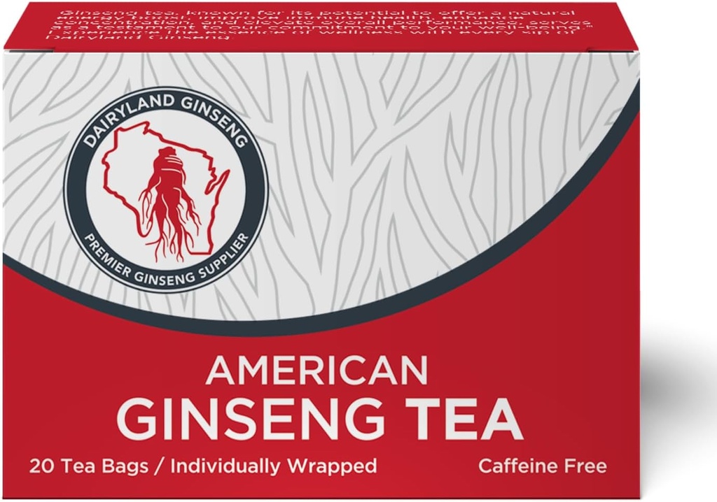 Laitière American Ginseng Tea Bags 20 ct - Premium Wisconsin Ginseng Tea - Non-OGM, sans gluten