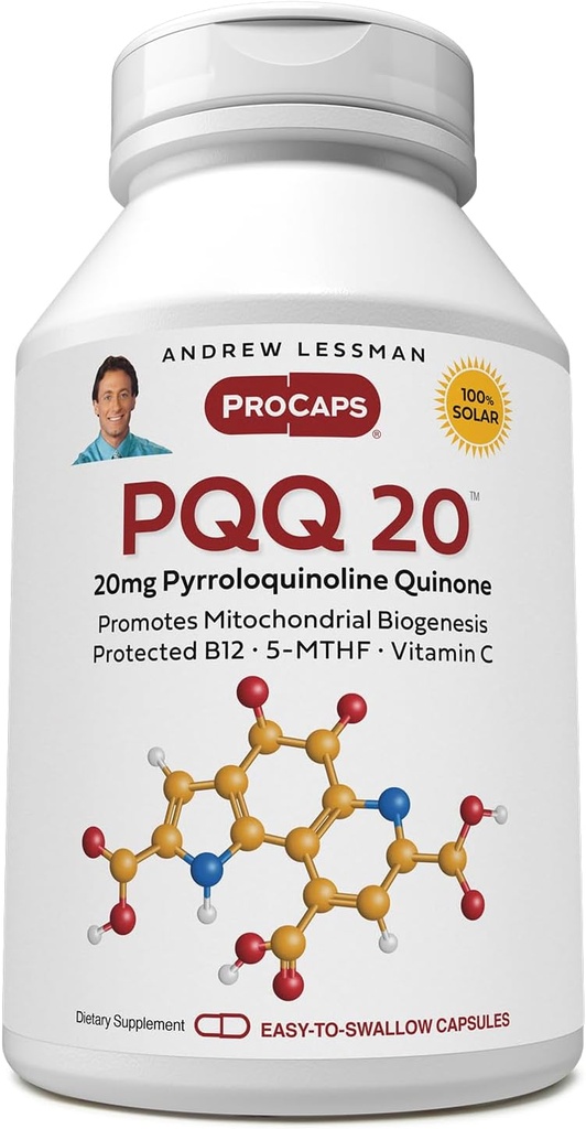 ANDREW LESSMAN PQQ 20mg - 60 Capsules - 20mg Pyrroloquinoline Quinone, composé de protection naturelle soutient les organes vitaux, le coeur, le cerveau, le foie, le système immunitaire. Biogenèse mitochondriale, aucun additif